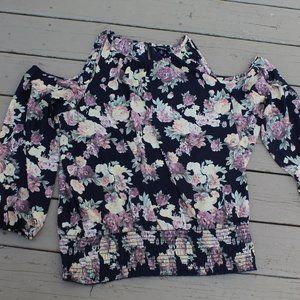 Torrid Navy Floral Crepe Balloon Slv Cold Shoulder